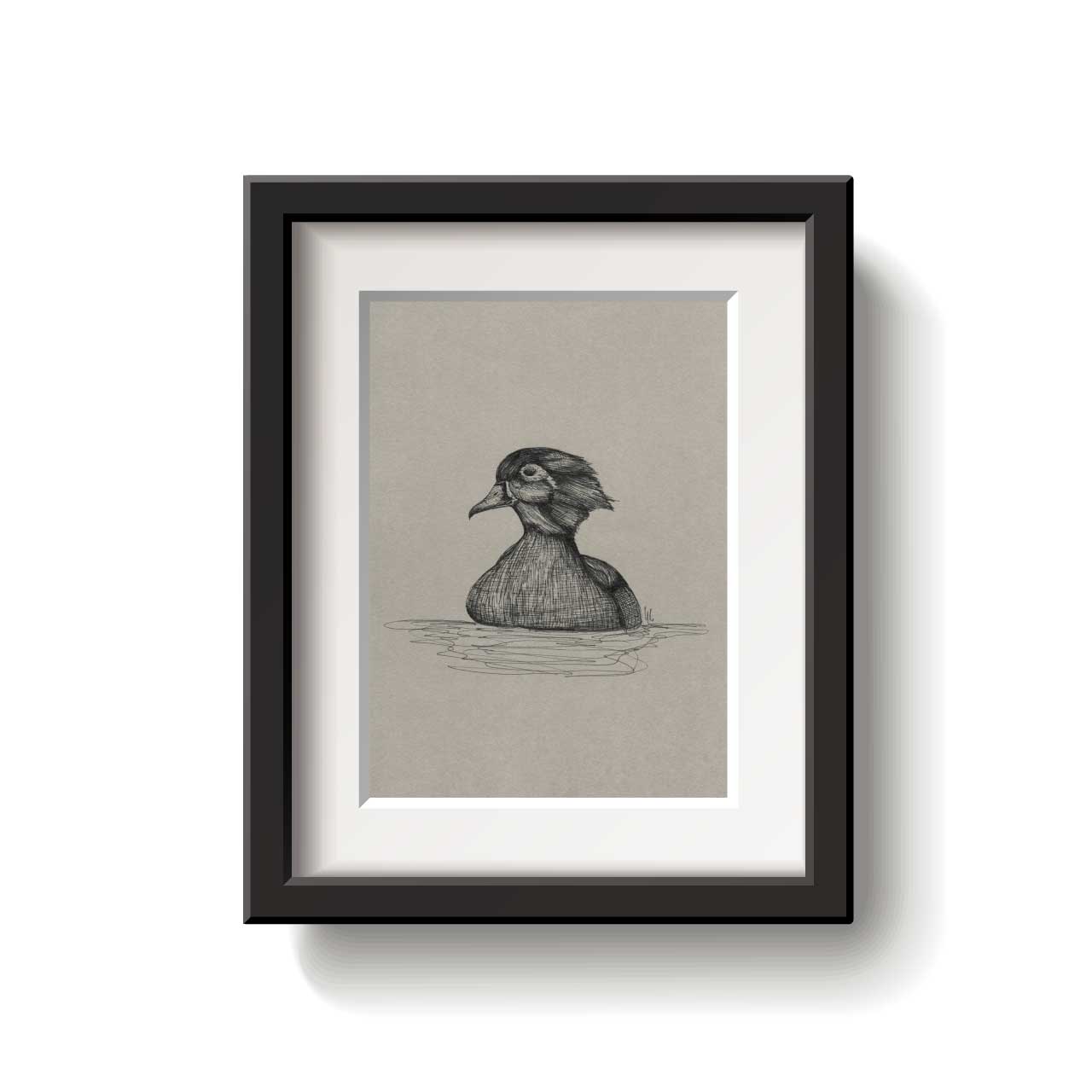 Framed artwork of a duck on a beige background