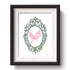 Framed artwork with a decorative burrowing owl design pink ink on a white background