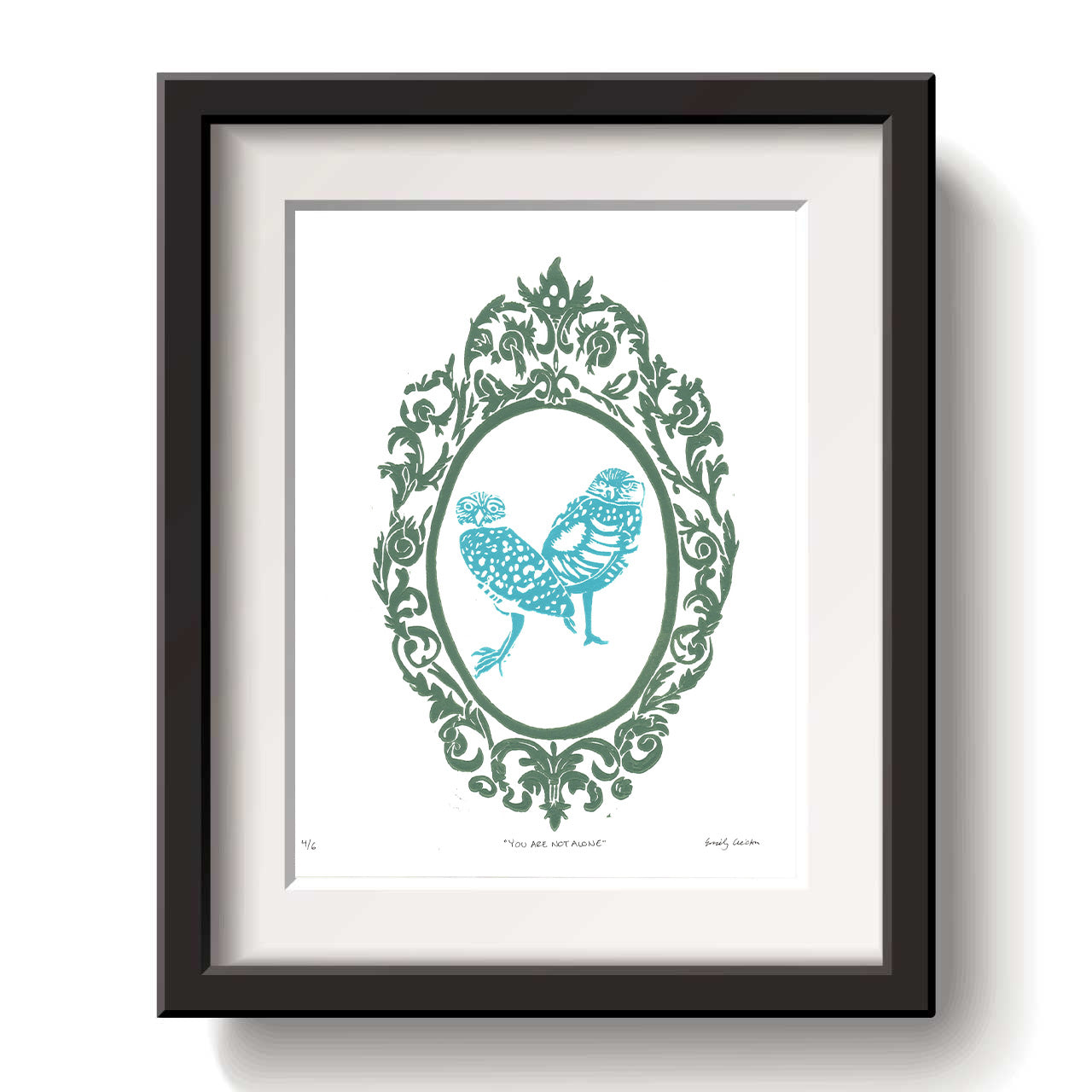 Framed artwork with a decorative burrowing owl design blue ink on a white background