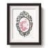 Framed artwork with a decorative baby Robbin design pink ink on a white background